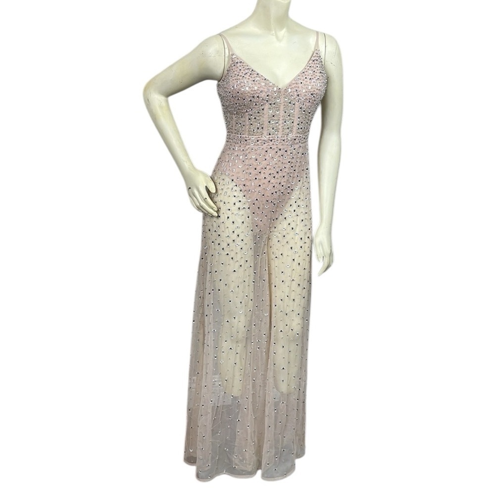 NWT Mac Duggal Sheer Nude Beaded Corset Bodysuit Jumpsuit Wide Leg Sample Sz 2